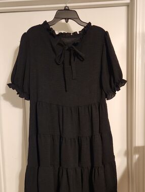 Black Ruffle Tie-Neck Tiered Midi Dress